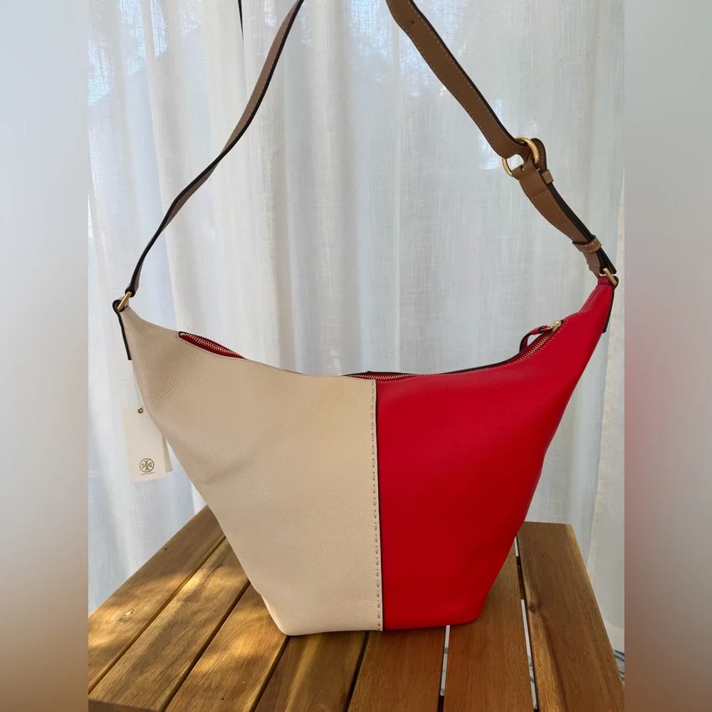 Tory Burch McGraw Colorblock Zip Bucket Bag Brilliant Red New Cream Leather Hobo